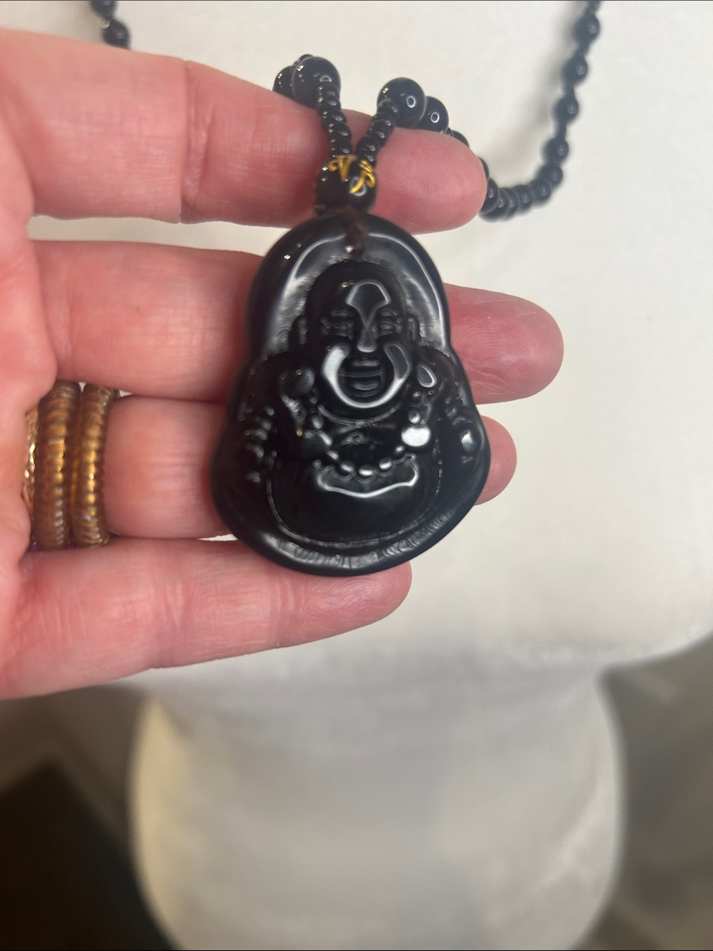 Black Agate Beaded 1.5” Buddha Pendant with Gold Message On Large Bead New
